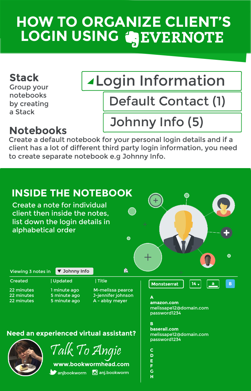 evernote tips and tricks infographic - how to organize client's login using evernote
