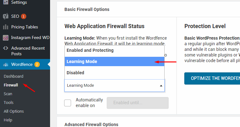 how to change the wordfence firewall to learning mode