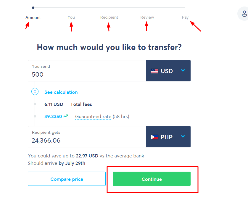 transferwise dashboard on how to send money