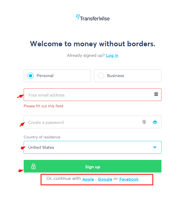 transferwise sign up form