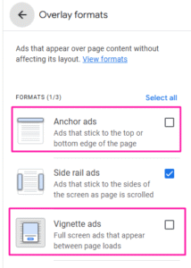 disable the adsense ads popup in Overlay section